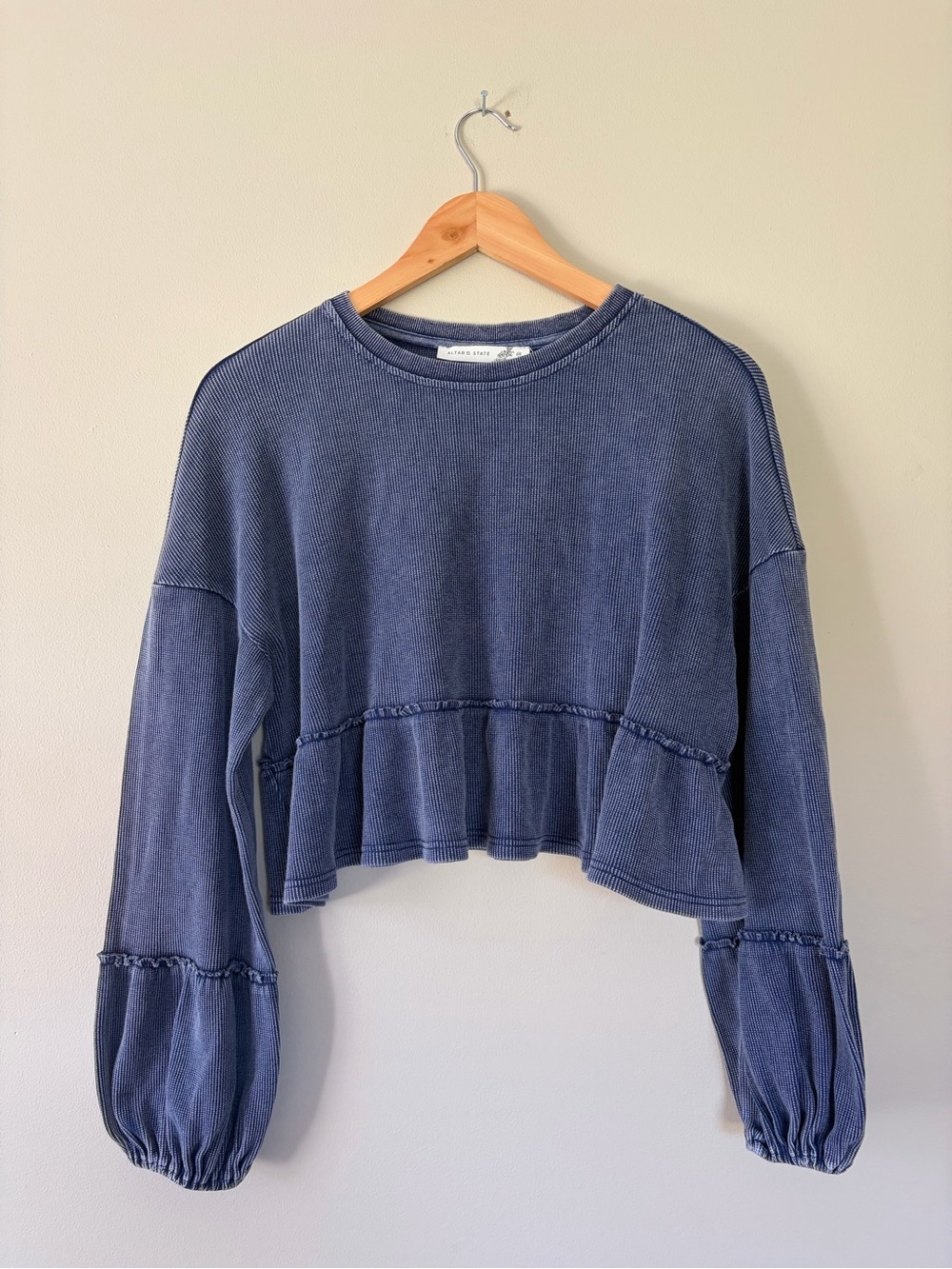 Altar'd State Indigo Ribbed Cropped Peplum Sweatshirt